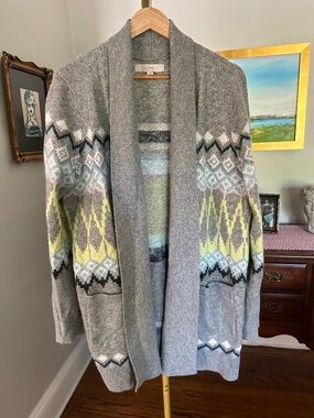 LOFT Fair Isle Open Front Cardigan Sweater Big Pockets Aztec Design Gray L